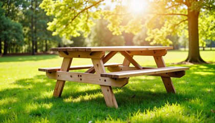 Naklejka premium Sturdy wooden picnic table in vibrant park, outdoor relaxation