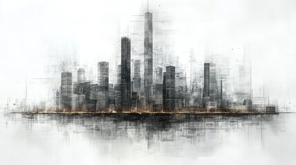 Obraz premium Abstract monochrome cityscape reflecting on water with ethereal effect