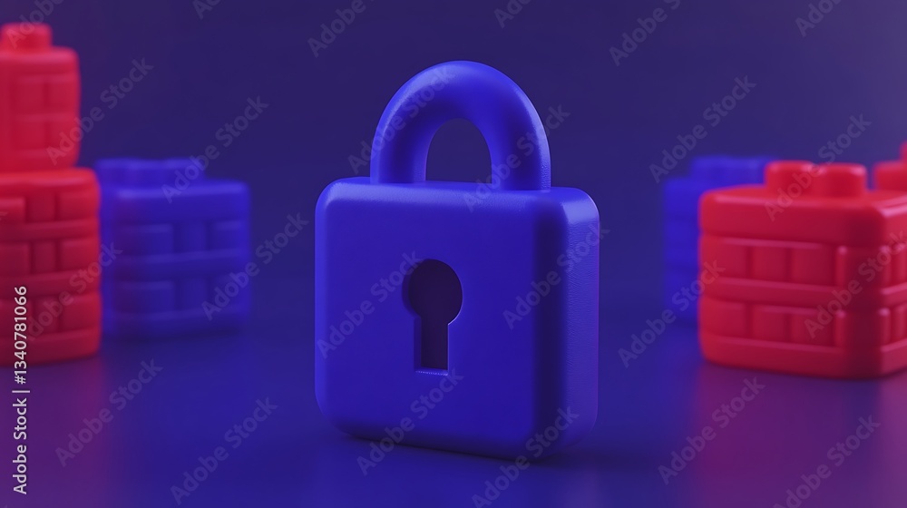 Poster colorful plastic lock surrounded by building blocks in a vibrant playful setting for conceptual desi