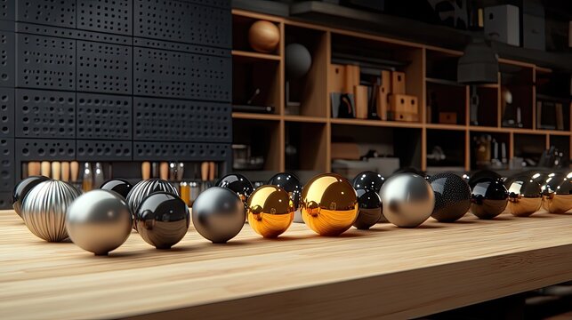 A set of various metallic cabinet knobs placed on a wooden workbench