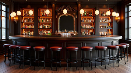 inviting bar with a sleek curved counter, beautifully illuminated shelves filled with spirits, and high stools ready to welcome patrons for a sophisticated experience."
