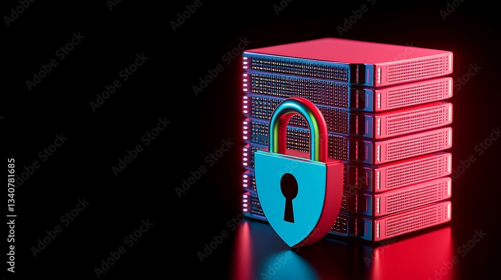 Poster data security concept with digital lock on server stack, protection and privacy in technology enviro