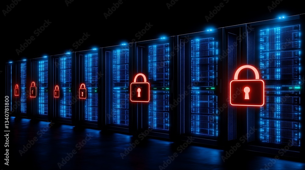Poster data security concept with modern server racks displaying bright lock icons in a high-tech environme