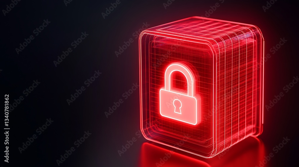 Poster digital 3d render of secure lock symbol in neon red glow against dark background in cybersecurity co