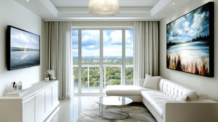 A stylish condo living room with a professional watermark on the image
