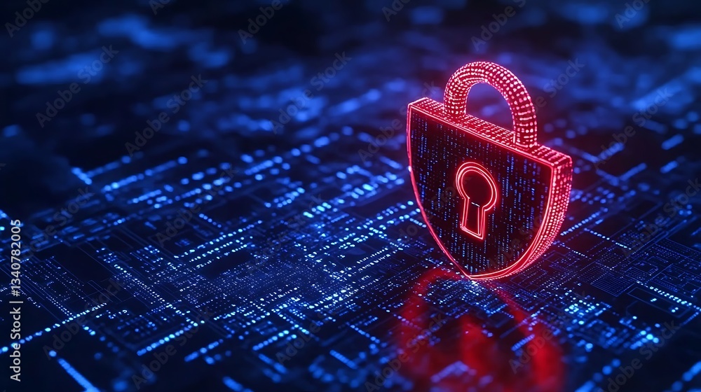 Poster digital cyber lock concept with neon glow on circuitry background representing data security and pro