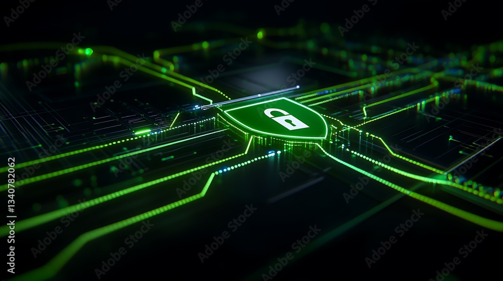 Poster digital cybersecurity concept with green lock symbol and circuit board background for technology the