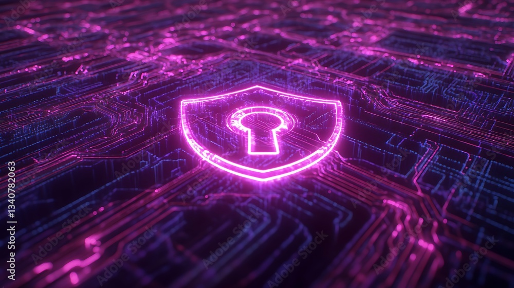 Aufkleber digital cybersecurity concept with glowing neon shield and keyhole on circuit board background