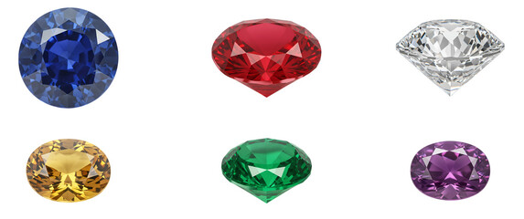 A collection of six colorful gems arranged on a white surface view transparent background