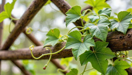 Obraz premium Delicate climbing vines entwined around garden trellis, nature’s beauty