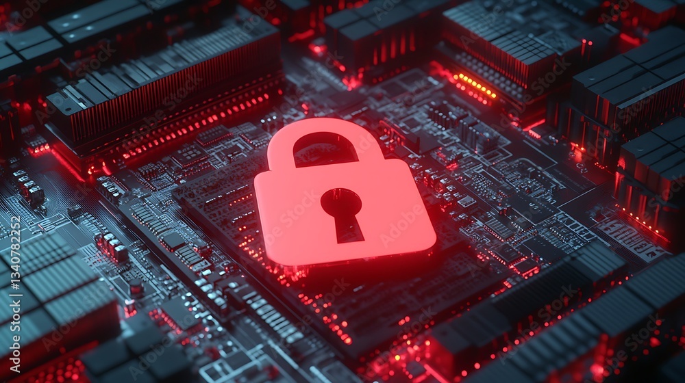 Aufkleber digital cybersecurity concept with red padlock on circuit board background for technology and safety