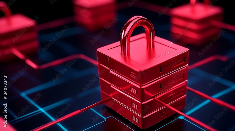 Poster digital data security concept with bold red lock on server in futuristic technology background