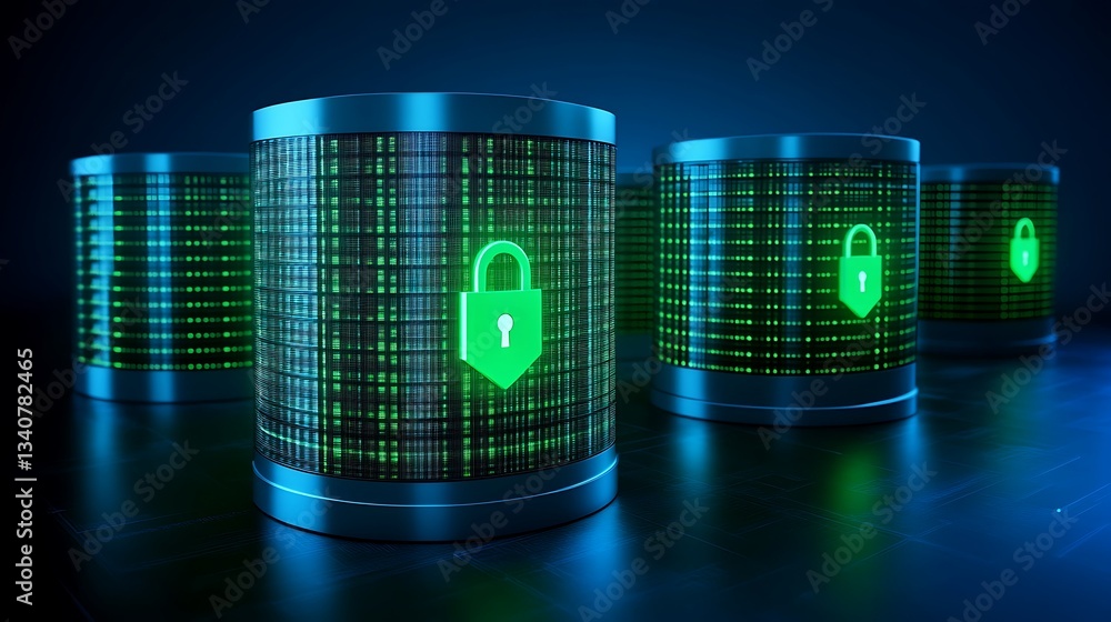 Poster digital data security concept with green lock symbols on cylindrical data storage units against dark