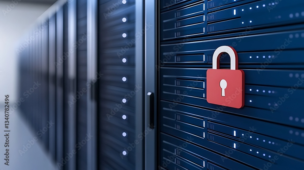 Poster digital data security concept with lock on server rack in modern data center environment