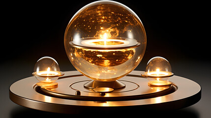 Elegant candle accompanied by a glass sphere creating a serene and tranquil atmosphere with soft light and reflections for relaxation.