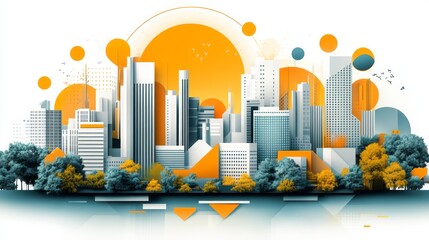Colorful illustrative cityscape featuring geometric shapes and urban structures