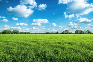 Vast green field under a vibrant blue sky