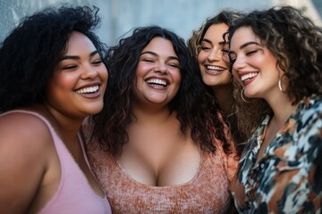 Fototapeta premium A group of four women laughing together in an outdoor setting
