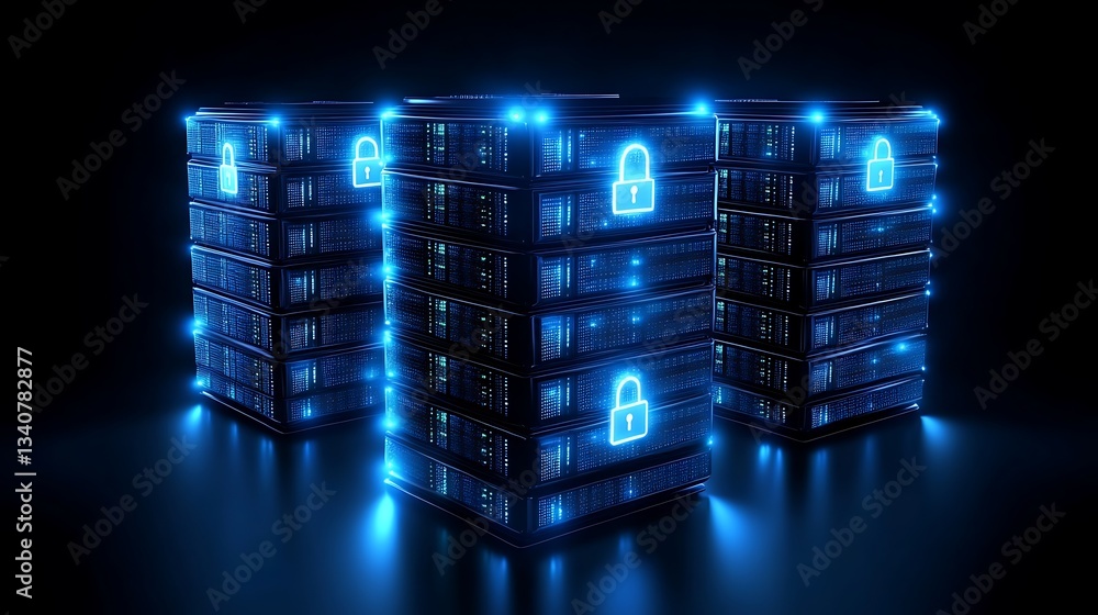 Poster digital data storage with security locks and blue light effects for cybersecurity concept