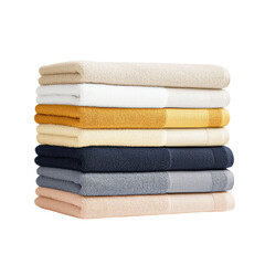 isolated transparent Background. Stack of neatly folded organic cotton towels in various colors, soft and inviting