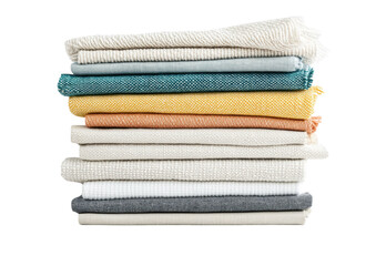 isolated transparent Background. Stack of cotton cloth napkins in neutral tones with colorful accents, neatly folded