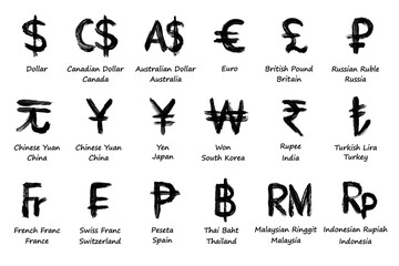 Hand drawn currency symbol set Dollar euro pound ruble yuan yen won rupee lira franc peseta baht ringgit rupiah