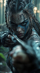 Female Viking Archer Crouching in Misty Pine Forest with Fox Armor and Bear-Claw Necklace
