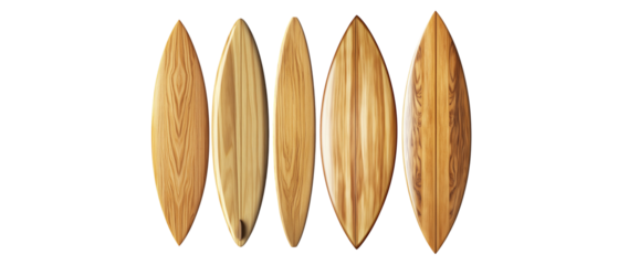 Wooden surfboard, flat view, white background
