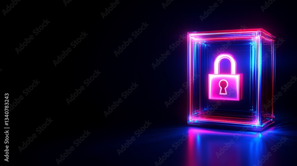 Poster digital lock icon inside a holographic cube with neon light effects on a dark background