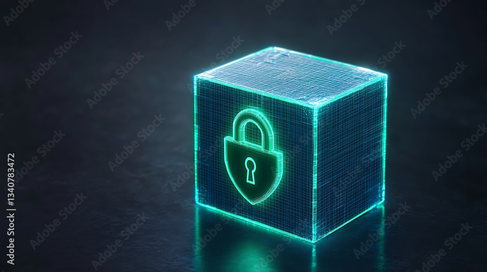 Poster digital lock icon on a 3d cube with neon glow effect representing cybersecurity and data protection
