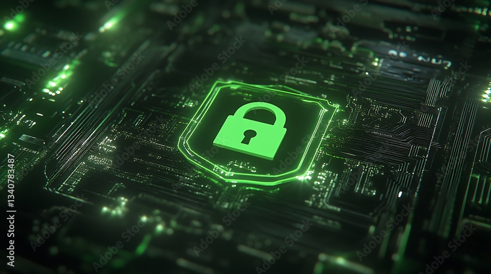 Poster digital lock icon on circuit board background representing cyber security and data protection concep