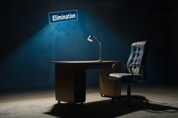 An empty office desk with a chair under a spotlight, with an "Elimination" sign flashing behind them. 