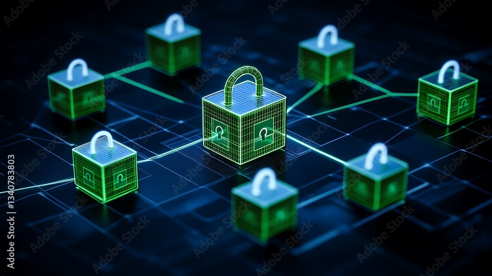 Poster digital lock security concept with connected data blocks representing cybersecurity and data protect