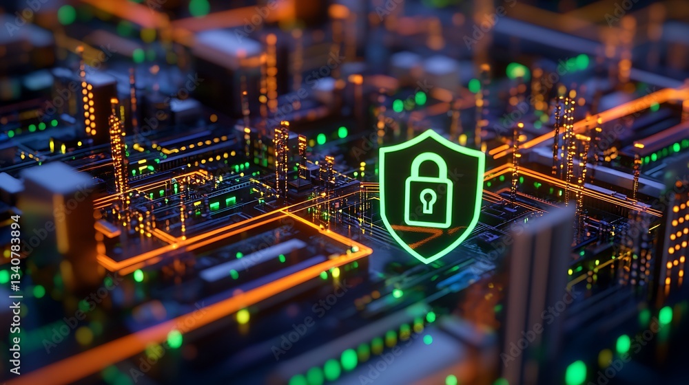 Poster digital lock symbol glowing on circuit board design illustrating cybersecurity and data protection c