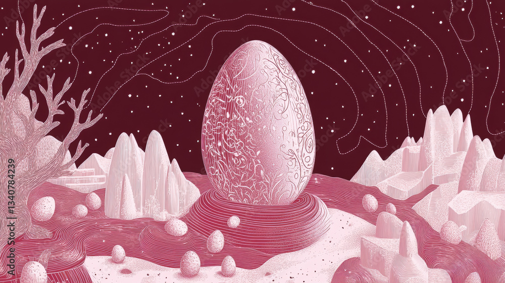 Poster surreal landscape featuring large, intricately designed egg at center, surrounded by smaller eggs an