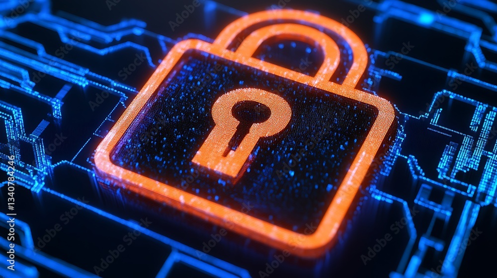 Poster digital lock symbol on circuit board background representing cybersecurity and data protection conce