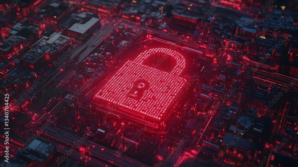 Poster digital lock symbol on circuit board with red glow representing cybersecurity and data protection