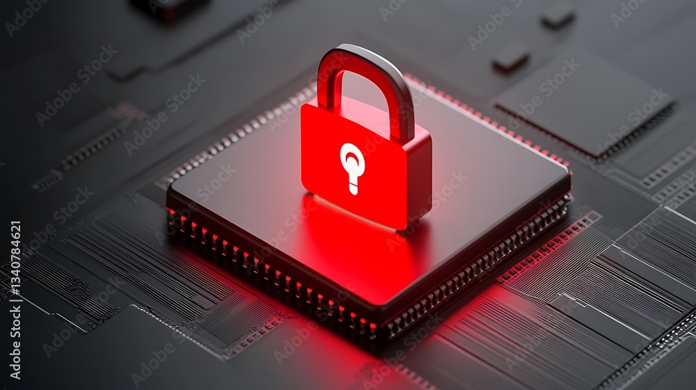 Poster digital lock symbol on microchip circuit board representing cybersecurity technology and data protec