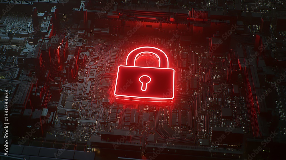 Poster digital lock symbol over circuit board background representing cybersecurity and data protection con