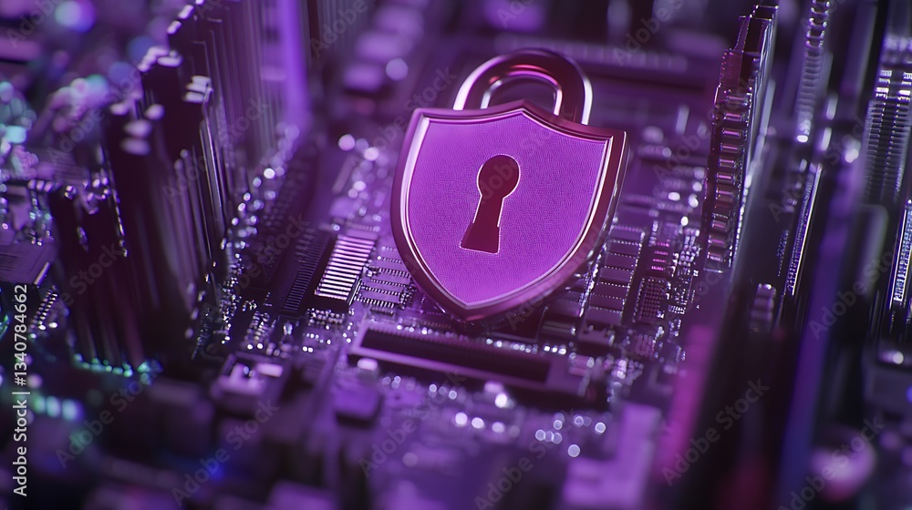 Poster digital lock symbol over circuit board representing cybersecurity and data protection concepts in te