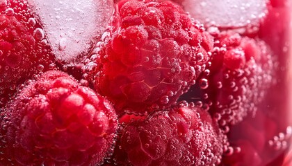 closeup photo of raspberries drink with ice red macro food background