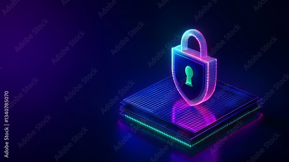 Poster digital lock with neon glow representing cybersecurity and data protection in a modern context
