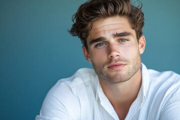 Fototapeta premium Captivating Close Up Portrait Young, Handsome Man With Light Eyes, Natural Beard, And Tousled Hair Against Teal Background Studio Photography, Soft Light