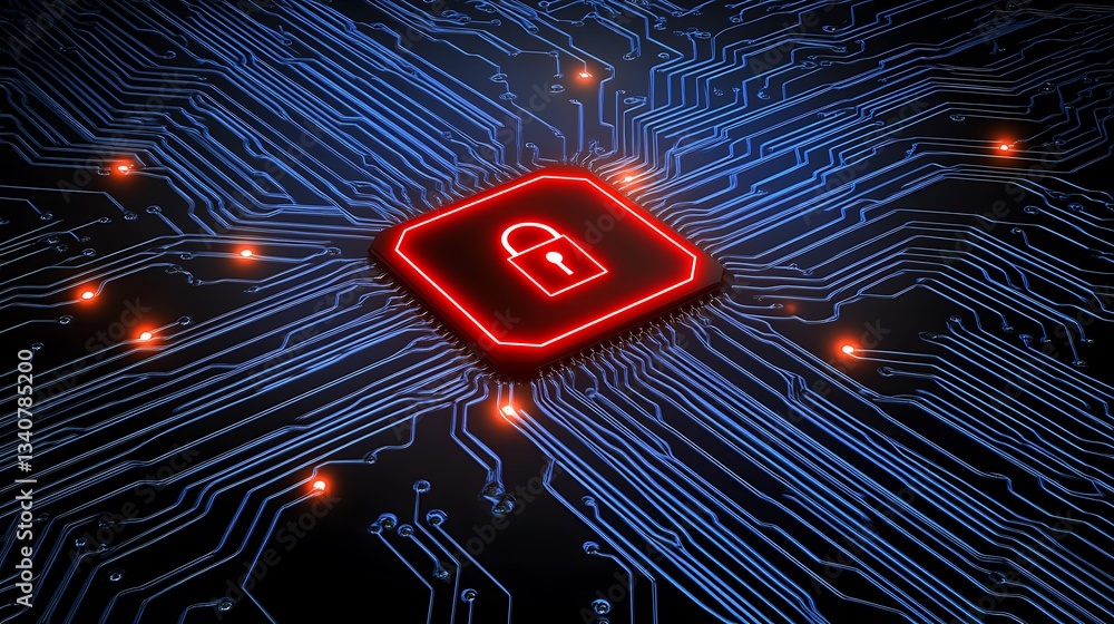 Poster digital lock with circuit board background for cybersecurity and data protection concepts and techno