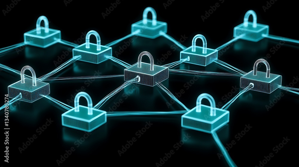 Poster digital network of secure locks representing data protection and cybersecurity in a technological la