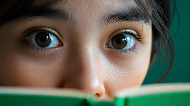 Intrigued Gaze, Young Learner Engrossed in Book, Eyes Wide with Curiosity