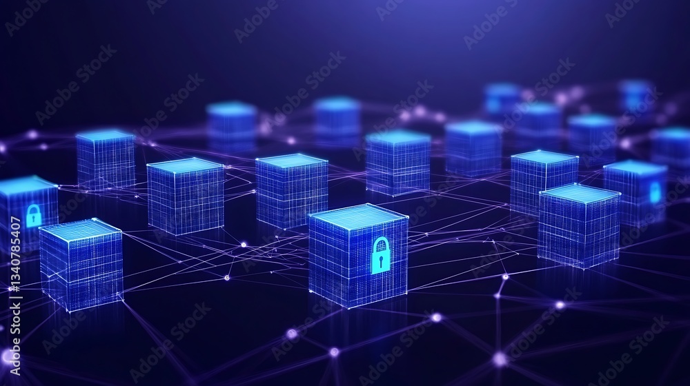 Poster digital network security concept with lock icons on 3d grid of cubes and connections in futuristic s