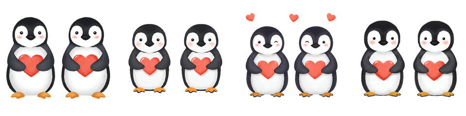 Fototapeta premium Adorable Penguins Holding Hearts