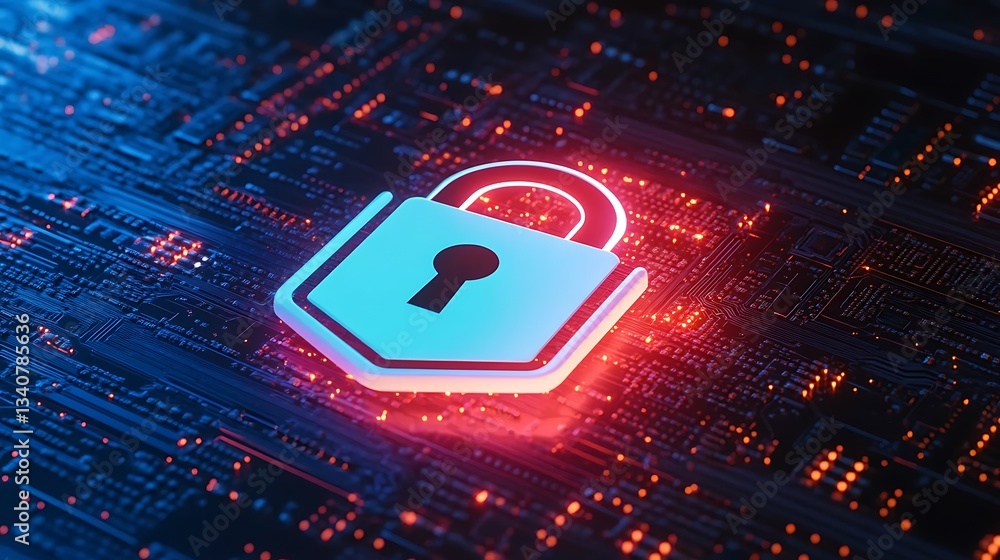 Poster digital padlock with glowing lights on abstract circuit board background for cybersecurity and data 