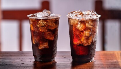 two cups of cold cola soft drink with ice